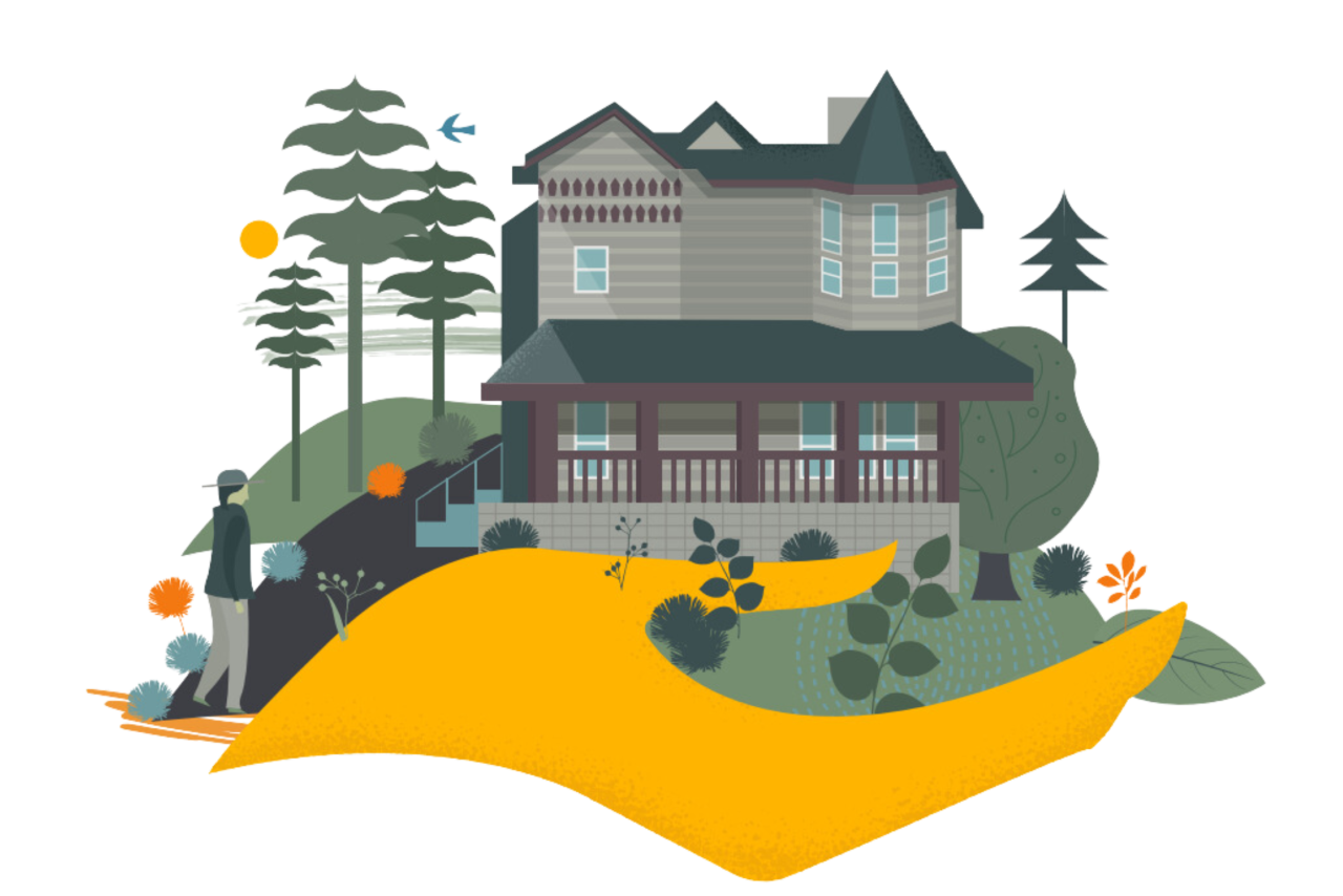 illustration of a wooden house in the forest with a person walking on a path