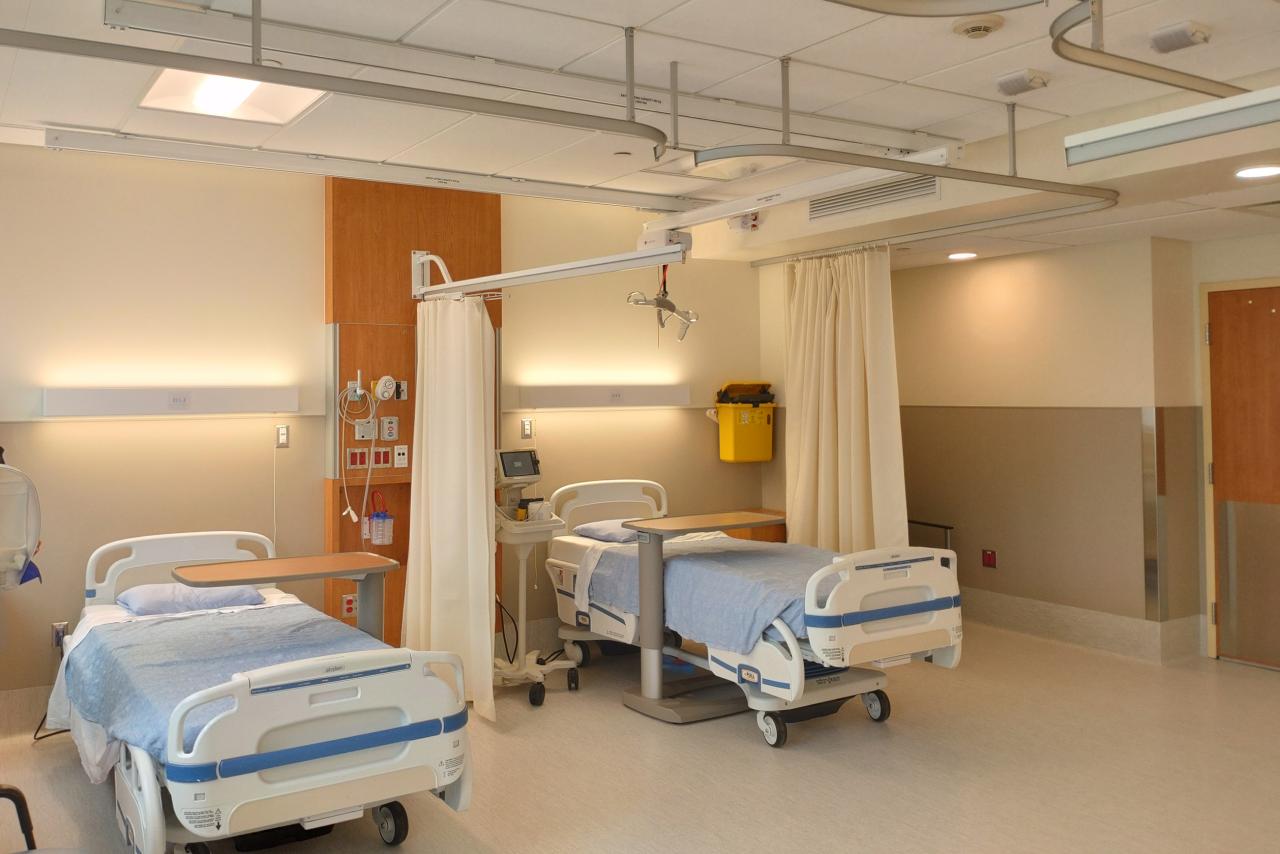 a modern hospital room with two beds