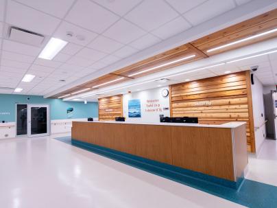 Hospital entry area with wooden desk and wall paneling