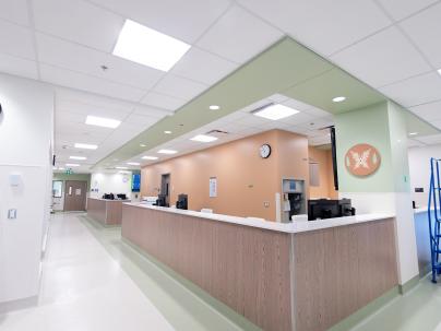 Hospital nursing station with light green walls