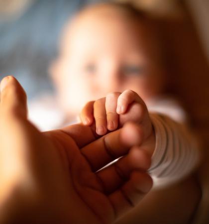 An adult hand holding the small hand of a newborn baby