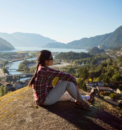 Person sitting on a rock in nature overlooking mountains